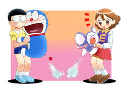  1boy blush brown_hair chinpui chinpui_(chinpui) doraemon doraemon_(character) feline female footwear glasses gradient gradient_background hand_holding jumping kasuga_eri lolicon miniskirt mouse nobi_nobita red_shoes scared shirt shoes shorts skirt socks suma_japan surprised t-shirt white_legwear zouzou 