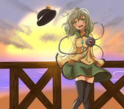  beach blush commentary_request female gakukuru green_eyes green_hair hat komeiji_koishi long_sleeves open_mouth short_hair skirt smile solo sunset thighhighs third_eye touhou unworn_hat unworn_headwear wide_sleeves 