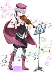  absurdres bass_clef beamed_sixteenth_notes commentary_request dotted_eighth_note eighth_note eighth_rest female flat_sign girlfriend_(kari) hat highres instrument kimijima_satoru musical_note musical_note_print pantyhose photoshop_(medium) purple_eyes quarter_note quarter_rest sharp_sign short_hair solo staff_(music) treble_clef violin zexel_(nintama) 