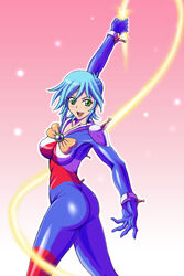  allenby_beardsley ass beam_ribbon blue_hair bodysuit bow breasts female g_gundam green_eyes gundam mobile_trace_suit open_mouth s.shimizu short_hair skin_tight 