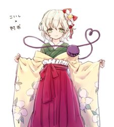  bad_id bad_twitter_id blush character_name cosplay eyeball female floral_print flower green_eyes hair_flower hair_ornament heart heart_of_string hieda_no_akyuu hieda_no_akyuu_(cosplay) honotai japanese_clothes komeiji_koishi long_skirt long_sleeves looking_at_viewer red_skirt ribbon short_hair simple_background skirt smile solo string third_eye touhou vest white_background white_hair wide_sleeves 