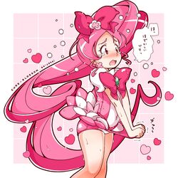  :o ao_yasai blush bow brooch character_name commentary_request cowboy_shot cure_blossom earrings embarrassed female hairbow hanasaki_tsubomi heart heart_brooch heartcatch_precure! high_ponytail highres huge_bow jewelry leotard long_hair magical_girl pink_background pink_bow pink_eyes pink_hair pink_leotard pink_skirt pink_theme ponytail precure skirt skirt_tug solo translated trembling 