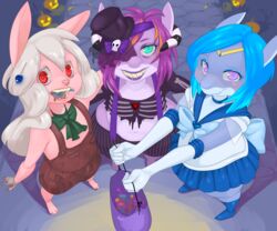  anthro bovid_horn candy caprine_horn dessert elmelie female fish food group hi_res horn lagomorph leporid lipstick looking_at_viewer makeup mammal marine muffin_top_(bottomwear) muffin_top_(general_use) open_mouth rabbit ram_horn shark smile standing teeth tweedabop 