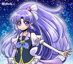  arm_warmers blue_background bow brooch cokata commentary_request cowboy_shot cure_fortune female frills hair_ornament hair_ribbon happinesscharge_precure! heart heart_brooch heart_hair_ornament hikawa_iona jewelry long_hair magical_girl photoshop_(medium) precure purple_bow purple_eyes purple_hair purple_skirt ribbon serious skirt solo star_(symbol) starry_background twitter_username white_arm_warmers wide_ponytail 