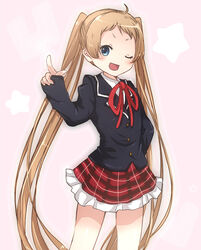  blue_eyes brown_hair chuunibyou_demo_koi_ga_shitai! commentary_request dekomori_sanae female fulunukko icho_private_high_school_uniform long_hair one_eye_closed open_mouth plaid plaid_skirt school_uniform skirt sleeves_past_wrists solo twintails 