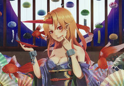  bad_id bad_yandere_id bare_shoulders blonde_hair breasts cleavage cuffs cup female fingersmile fish folding_fan hand_fan highres hiiragi_shou horns hoshiguma_yuugi hoshiguma_yuugi_(kimono) japanese_clothes kimono large_breasts long_hair obi off_shoulder photoshop_(medium) pointy_ears purple_kimono red_eyes sakazuki sash scan single_horn solo touhou wind_chime 