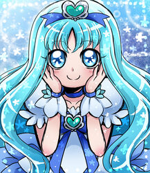  blue_background blue_bow blue_choker blue_eyes blue_hair blue_ribbon blue_theme blush bow brooch choker cokata commentary_request cowboy_shot cure_marine female hair_ornament hair_ribbon hands_on_own_face heart heart_brooch heart_hair_ornament heartcatch_precure! jewelry kurumi_erika long_hair magical_girl photoshop_(medium) precure ribbon smile solo sparkle twitter_username wrist_cuffs 