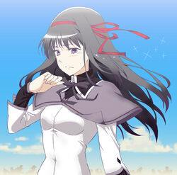  akemi_homura akemi_homura_(magical_girl) black_hair blush commentary_request female frown ginmaru long_hair magical_girl mahou_shoujo_madoka_magica mahou_shoujo_madoka_magica_(anime) purple_eyes red_ribbon ribbon solo tears 