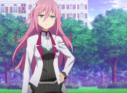  anime_screenshot aqua_eyes female gakusen_toshi_asterisk hands_on_own_hips julis-alexia_von_riessfeld long_hair outdoors photoshop_(medium) pink_hair 