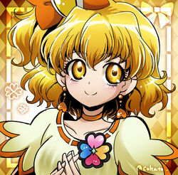  bow choker cokata commentary_request cure_pine earrings female fresh_precure! hairbow heart heart_earrings jewelry magical_girl orange_bow orange_choker orange_eyes orange_hair orange_theme photoshop_(medium) precure short_hair smile solo twitter_username upper_body yamabuki_inori 