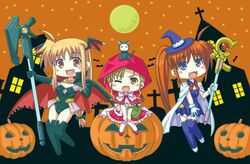  3girls bardiche_(assault_form)_(nanoha) bardiche_(nanoha) basket bat_(animal) blonde_hair blush_stickers bread breasts brown_hair cape capelet cleavage commentary_request elbow_gloves fangs fate_testarossa feline food full_moon gloves hair_ribbon halloween hat head_wings hood jack-o&#039;-lantern little_red_riding_hood long_hair lyrical_nanoha mahou_shoujo_lyrical_nanoha_vivid medium_breasts moon multiple_girls one_eye_closed open_mouth pantyhose purple_eyes raising_heart raising_heart_(accel_mode) red_eyes red_ribbon ribbon sacred_heart side_ponytail skirt star_(symbol) sunago takamachi_nanoha thighhighs vivio wings witch_hat 