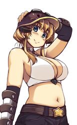  bare_shoulders baseball_cap blonde_hair blue_eyes breasts choker cleavage commentary_request elbow_gloves female galapago_(ragnarok_online) gloves hat horns large_breasts midriff mil_(xration) navel ragnarok_online short_hair sidelocks simple_background smile solo white_background whitesmith_(ragnarok_online) 