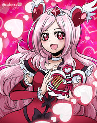  :d arm_warmers black_bow blush bow choker cokata commentary_request cowboy_shot cure_passion female fresh_precure! frills hair_ornament heart heart_background heart_hair_ornament higashi_setsuna long_hair magical_girl open_mouth passion_harp photoshop_(medium) pink_background pink_hair precure red_eyes red_skirt skirt smile solo tiara waist_bow white_choker 