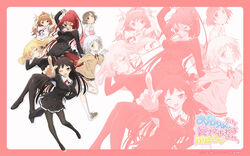  6+girls bell border copyright_name hair_bell hair_ornament highres himenokouji_akiko jinno_kaoruko kawamura_kousuke logo looking_at_viewer miniskirt multiple_girls nasuhara_anastasia nikaidou_arashi official_art official_wallpaper onii-chan_dakedo_ai_sae_areba_kankeinai_yo_ne outside_border pantyhose sawatari_ginbee_haruomi school_uniform serafuku skirt standing takanomiya_arisa zoom_layer 