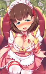  apron bad_id bad_pixiv_id blue_eyes blush breast_hold breasts brown_hair chair cleavage female hairband hanabi_(ocha) heart heart-shaped_pupils highres idolmaster idolmaster_cinderella_girls idolmaster_cinderella_girls_starlight_stage large_breasts looking_at_viewer maid maid_apron maid_headdress naughty_face open_mouth pantyhose ribbon sakuma_mayu short_hair signature smile solo symbol-shaped_pupils tongue white_pantyhose 