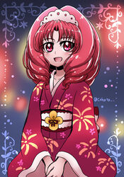  :d akagi_towa blue_background cokata commentary_request female go!_princess_precure japanese_clothes kimono open_mouth photoshop_(medium) precure red_eyes red_hair red_kimono short_hair smile solo twitter_username v_arms yukata 