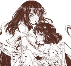  2girls blush breath commentary_request floral_print hibike!_euphonium hug japanese_clothes kimono kousaka_reina long_hair monochrome multiple_girls off_shoulder oumae_kumiko saliva sandals short_hair sweat unworn_sandals yukata yuri yuriwhale 