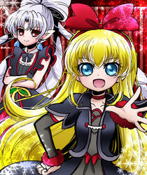  2girls akagi_towa albino black_skirt blonde_hair blue_eyes bow bowtie choker cokata commentary_request cowboy_shot crossed_arms detached_collar dokidoki!_precure earrings eyeshadow go!_princess_precure hairbow hand_on_own_hip heart heart_earrings jewelry long_hair makeup multiple_girls photoshop_(medium) pointy_ears precure quad_tails red_eyes red_eyeshadow regina_(dokidoki!_precure) skirt smile twilight_(go!_princess_precure) white_hair 