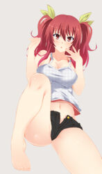  bad_id bad_pixiv_id bare_legs barefoot blush breasts female hair_ribbon inui_sanagi large_breasts long_hair looking_at_viewer navel open_mouth photoshop_(medium) rakudai_kishi_no_cavalry red_eyes red_hair ribbon short_shorts shorts solo stella_vermillion tank_top two_side_up unbuttoned 