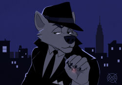  accessory alphasabre anthro canid canine canis cigarette clothing dominic_barkley_(alphasabre) fedora hat headgear headwear holding_cigarette holding_object male mammal necktie noir pocket_square popped_collar shirt smoking smoking_cigarette solo stylized_shading suit suit_jacket topwear wolf 