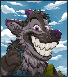  anthro blue_clothing blue_shirt blue_tank_top blue_topwear canid canine canis cheek_tuft chest_tuft clothing dl_wolf_(dl2288) eyebrows facial_tuft fluffy fluffy_chest fur furrllow grey_body grey_fur grin head_tuft inner_ear_fluff male mammal multicolored_body multicolored_fur nature_background purple_body purple_eyes purple_fur purple_nose raised_eyebrow shirt smile smiling_at_viewer solo tank_top teeth_showing topwear tuft whiskers wolf 