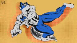  anthro barazoku canid canine canis clothed clothing echo_(series) echo_project feet fox fur hi_res jim_sterling_(the_smoke_room) male mammal muscular muscular_anthro muscular_male pinumontbalou pop_art solo the_smoke_room white_body white_fur 