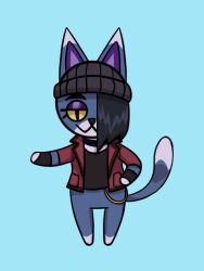  2019 3:4 alternate_species animal_crossing anthro apron bangs beanie bent_arm biped black_beanie black_choker black_clothing black_eyebrows black_hair black_hat black_headwear black_jewelry black_necklace black_nose black_shirt black_topwear black_wristband blue_background blue_body blue_fur blue_tail bottomless bottomless_anthro bottomless_female cel_shading choker closed_smile clothed clothed_anthro clothed_female clothing colored crossover dead_by_daylight digital_drawing_(artwork) digital_media_(artwork) dipstick_ears dipstick_tail domestic_cat ear_markings english_description eyebrows featureless_crotch featureless_limbs felid feline felis female female_anthro flat_chested front_view full-length_portrait fur furrification hair hair_over_eye hand_on_hip hand_on_own_hip hat headgear headwear jacket jewelry lidded_eyes light lighting long_tail looking_at_viewer lunareel mammal markings mouth_closed multicolored_body multicolored_ears multicolored_fur nea_karlsson necklace nintendo open_clothing open_jacket open_topwear pockets pointy_ears portrait pupils purple_eyelids purple_inner_ear red_clothing red_jacket red_topwear shaded shirt short_hair simple_background slit_pupils smile smiling_at_viewer solo tail tail_markings topwear triangle_nose two_tone_body two_tone_fur two_tone_tail white_body white_ear_tips white_fur white_tail_tip yellow_eyes 
