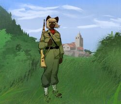  2026 absurd_res african_wild_dog anthro army_uniform belt blue_eyes canid canine city city_background clothed clothed_anthro clothed_female clothing cloud digital_drawing_(artwork) digital_media_(artwork) eyebrow_through_hair eyebrows female footwear forest fur grass greenblackheart gun gun_belt hair hi_res holding_object holding_weapon kar98 leg_wraps looking_at_viewer mammal outside partisan plant puttees ranged_weapon rifle shaded shirt_pocket shoes shrub sky smile solo tan_body tan_fur translucent translucent_hair tree veronica_(azimuthium) weapon white_hair world_war_2 wraps yugoslav_partisan yugoslavia 
