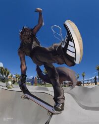  absurd_res anthro artist_name bicycle biped black_body black_bottomwear black_clothing black_footwear black_fur black_pants black_shoes blue_sky bottomwear canid canine canis car clear_sky clothing cloud digital_media_(artwork) edhit fingerless_gloves footwear front_view full-length_portrait fur gloves group hair handwear hi_res looking_at_viewer low-angle_view male male_anthro mammal outside pants plant portrait shaded shoelaces shoes skate_park skateboard skateboard_trick skateboarding sky solo_focus striped_body striped_fur stripes surfboard tail teeth text text_on_clothing text_on_topwear topwear tree vehicle wolf 