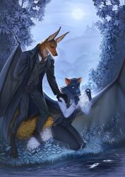  absurd_res anthro ascot bat bat_ears bat_nose black_body black_fur bottomwear canid canine castle chikh_(harribel) clothing duo english_text eyes_in_darkness female fluffy fluffy_tail fur hand_on_shoulder hankerchief hi_res hill kneeling last_fables_(side_stories) long_coat lord_vangria male mammal maned_wolf membrane_(anatomy) membranous_wings moon neck_tuft night orange_body orange_fur outside pants plant pond suit tail text tight_clothing topwear tree tuft vest water weeds wings xngfng95 