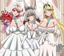  3girls animal_ears archlord_haku bare_shoulders blonde_hair blush bouquet breasts bridal_veil bride cat_ears cat_girl chest_jewel cleavage collarbone commentary_request core_crystal_(xenoblade) dress earrings elbow_gloves flower gem gloves grey_hair headpiece highres jewelry large_breasts long_hair looking_at_viewer multiple_girls mythra_(xenoblade) nia_(blade)_(xenoblade) nia_(xenoblade) open_mouth pyra_(xenoblade) red_eyes red_hair rose short_hair small_breasts smile strapless strapless_dress swept_bangs tiara veil very_long_hair wedding_dress white_dress white_gloves xenoblade_chronicles_(series) xenoblade_chronicles_2 yellow_eyes 