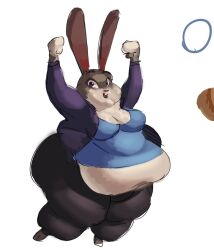  2025 3_toes anthro barefoot belly belly_overhang big_belly black_bottomwear black_clothing black_eyebrows black_pants blue_clothing blue_shirt blue_topwear bottomwear breasts buckteeth chubby_cheeks cleavage clothed clothed_anthro clothed_female clothing colored comedii digital_drawing_(artwork) digital_media_(artwork) disney double_chin english_description eyebrows eyelashes feet female fist full-length_portrait fully_clothed fully_clothed_anthro fully_clothed_female fur grey_body grey_fur huge_thighs judy_hopps lagomorph leporid light lighting long_ears looking_at_viewer mammal medium_breasts mitten_hands morbidly_obese multicolored_body multicolored_fur obese obese_anthro obese_female open_clothing open_mouth open_shirt open_smile open_topwear overweight overweight_anthro overweight_female pants portrait purple_clothing purple_eyes purple_shirt purple_topwear rabbit raised_hands red_inner_ear red_nose shaded shirt simple_background smile smiling_at_viewer solo teeth thick_thighs toes topwear two_tone_body two_tone_fur unfinished white_background white_body white_fur zootopia 