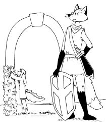  2024 adler_young anthro arch black_and_white canid canine closed_eyes clothed clothed_anthro clothed_male clothing duo eyewear fox glasses gloves_(marking) hi_res leg_markings male mammal markings melee_weapon mephitid monochrome ruin_seeker shield skunk socks_(marking) sword tegerio tunic_(video_game) weapon whisker_spots whiskers zandar's_saga 
