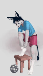  2025 7b7a2f 9:16 absurd_res anthro artist_name asinus ball biped blue_clothing blue_shirt blue_t-shirt blue_topwear bottomwear clothed clothed_anthro clothed_male clothing digital_media_(artwork) digital_painting_(artwork) donkey equid equine footwear furniture hair hi_res humanoid_hands long_ears looking_down male male_anthro mammal mane mane_hair painting_(artwork) red_bottomwear red_clothing red_shorts shirt shorts simple_background soccer_ball socks solo standing stool t-shirt tail text topwear white_clothing white_footwear white_socks 