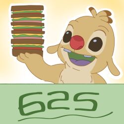  1:1 2025 alien ambiguous_gender antennae_(anatomy) anthro black_eyes buckteeth chest_tuft digital_drawing_(artwork) digital_media_(artwork) dipstick_antennae disney disney_changooo experiment_(lilo_and_stitch) flat_colors food fur green_mouth happy hi_res holding_food holding_object holding_sandwich lilo_and_stitch male_(lore) multicolored_antennae open_mouth open_smile purple_tongue red_nose reuben_(lilo_and_stitch) sandwich_(food) simple_background smile solo teeth tongue tuft yellow_body yellow_fur 