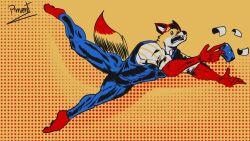  anthro barazoku camera canid canine canis clothed clothing echo_(series) echo_project falling feet fox hi_res male mammal murdoch_byrnes muscular muscular_anthro muscular_male photo pinumontbalou solo the_smoke_room 
