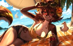  absurd_res alcohol ambient_bird anthro avian beach beer belly beverage bird bottomwear brazil brazilian_flag breasts brown_hair canid canine clothing eyewear eyewear_on_head female fluffy fluffy_ears fluffy_tail food fox green_eyes gull hair hi_res horn lari larid mammal navel nirael_nattskrack_(niterra) niterra pizza shorts slim solo summer sunglasses sunglasses_on_head swimwear tail thick_thighs wearing_sunglasses 