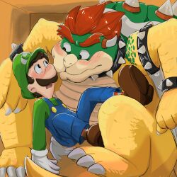  1:1 2025 2_horns 3_toes 4_fingers anthro armband arms_bent bent_legs big_nose biped black_armband black_eyes black_facial_hair black_mustache blue_clothing blue_overalls blush blush_lines blushing_profusely bowser bracelet brown_hair cbfanart ceiling claws clothed clothed_human clothed_male clothing colored curved_horn digital_drawing_(artwork) digital_media_(artwork) duo english_description eyebrows facial_hair feet finger_claws fingers fist footwear fully_clothed fully_clothed_human fully_clothed_male gloves green_clothing green_hat green_head green_headwear green_shell green_shirt green_topwear grey_claws grey_clothing grey_footwear grey_gloves grey_handwear grey_horn grey_pupils grey_sclera grey_socks grey_spikes hair handwear hat headgear headwear hi_res horn human inside interspecies jewelry king koopa larger_anthro larger_male legwear light lighting luigi male male_anthro male_human mammal mario_bros moustache multicolored_body multicolored_scales nintendo open_mouth orange_wall overalls pattern_clothing pattern_footwear pattern_legwear pattern_socks pupils red_eyebrows red_hair red_stripes red_tongue royalty scales scalie shaded shell shirt short_hair sitting size_difference smaller_human smaller_male socks spiked_armband spiked_bracelet spiked_shell spikes spikes_(anatomy) striped_clothing striped_footwear striped_socks stripes tail tan_body tan_scales tan_skin thick_eyebrows tight_space toes tongue topwear wall_(structure) yellow_body yellow_scales yellow_tail 