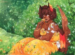  2025 afro animal_humanoid arm_markings artist_name back_wings bare_shoulders bat bat_ears bat_humanoid bat_wings belt_accessory big_breasts blush bracelet breast_squish breasts brown_body brown_hair brown_lips brown_skin brown_wings claws cleavage closed_smile clothed clothing cloud_(marking) collarbone colorful_theme cute_fangs daisy_(flower) dandelion dress eyebrow_through_hair eyebrows fangs female field floral_print flower furgonomics gold_(metal) gold_bracelet gold_jewelry gold_ring grass hair holding_flower holding_object humanoid jewelry lips long_dress mammal mammal_humanoid markings membrane_(anatomy) membranous_wings moon_(marking) mouth_closed nature nature_background not_furry one_fang orange_eyes orange_inner_ear orange_wings painting_(artwork) plant portrait rabbit_plushie raised_eyebrow shaded short_hair shrub smelling_flower smile soft_shading solo squish star_(marking) star_accessory stella_(zuccnini) teeth text translucent translucent_hair watercolor_(artwork) white_flower white_markings wing_accessory wing_claws wing_ring wings yellow_flower zuccnini 