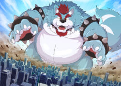  anthro belly big_moobs blue_body blue_fur bracelet canid canine canis city collar eyebrows fangs fur hair horn jewelry koopa macro male mammal mario_bros markings moobs nintendo orange_eyes overweight overweight_male rampage red_hair ryan_(freazzy) scalie shikizshigls solo spiked_bracelet spiked_collar spikes striped_markings striped_tail stripes tail tail_markings teeth thick_eyebrows white_body white_fur wolf wolfser 