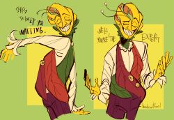  2026 5_fingers alternate_species antennae_(anatomy) black_text bottomwear clip_studio_paint_(artwork) clothing creepy_smile deltarune digital_media_(artwork) elemental_creature elemental_humanoid english_description english_text eyebrows fingers flora_fauna flowery_(deltarune) green_background hands_out hi_res humanoid krita_(artwork) long_fingers male not_furry pants petals plant plant_humanoid pointy_nose purple_bottomwear purple_clothing purple_pants raised_eyebrow red_clothing red_robe redesign robe seven_flowers signature simple_background smile solo spoiler text trenchcoatfool undertale_(series) yellow_body yellow_skin 