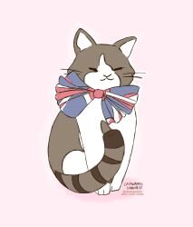  ambiguous_gender artist_name bow_tie brown_body brown_fur catawampuscorner closed_eyes domestic_cat ears_up english_description felid feline felis feral flag_clothing fur heart_symbol hi_res larry_chief_mouser_to_the_cabinet_office male_(lore) mammal markings multicolored_body multicolored_fur paws pink_background simple_background sitting solo striped_markings striped_tail stripes tail tail_markings text union_jack union_jack_clothing whiskers white_body white_fur 