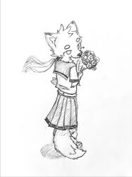  absurd_res ambiguous_gender anthro arctic_fox asian_clothing blush bottomwear bouquet bow_tie canid canine clothing cricket_chen east_asian_clothing flower flowing_clothing flowing_hair fox fur furrylujaah hair hi_res japanese_clothing japanese_school_uniform leg_warmers legwear line_art looking_at_viewer looking_back looking_back_at_viewer male mammal monochrome plant ponytail rear_view rose_(flower) school_uniform serafuku shadow simple_background skirt solo standing true_fox tulip_(flower) uniform wind wrinkles_in_clothes 