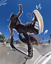  4:5 absurd_res anthro bicycle biped black_body black_bottomwear black_clothing black_footwear black_fur black_pants black_shoes blue_sky bottomwear canid canine canis car clear_sky clothing cloud digital_media_(artwork) edhit fingerless_gloves footwear front_view full-length_portrait fur gloves group hair handwear hi_res looking_at_viewer low-angle_view male male_anthro mammal outside pants plant portrait shaded shoelaces shoes skate_park skateboard skateboard_trick skateboarding sky solo_focus striped_body striped_fur stripes surfboard tail teeth text text_on_clothing text_on_topwear topwear tree vehicle wolf 