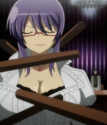  breasts cleavage closed_eyes glasses highres huge_breasts mole purple_hair screencap senran_kagura senran_kagura_(series) smirk staff stitched suzune_(senran_kagura) 