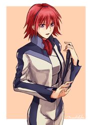  blue_eyes breasts canon_memphis female invisible_object jacket large_breasts long_sleeves machi_fuka open_mouth pants red_hair short_hair signature solo soukyuu_no_fafner tablet_pc typing uniform 