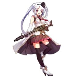  :d ammunition_belt boots breasts colored_shoe_soles female full_body girls&#039;_frontline gloves gun hat high_heel_boots high_heels holding holding_gun holding_weapon long_hair looking_at_viewer machine_gun medium_breasts mg42 mg42_(girls&#039;_frontline) necktie official_art open_mouth pleated_skirt purple_eyes sideboob skirt smile solo spirtie thighhighs transparent_background twintails weapon white_hair 