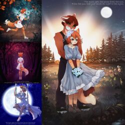  1:1 2016 anthro bottomwear bouquet clothed clothing detailed_background digital_media_(artwork) domestic_cat dress duo english_text felid feline felis female flower forest fur happy hi_res hug iskra konrad_zengel lynx male male/female mammal moon nature orange_body orange_fur outside pants pink_nose plant romantic romantic_ambiance romantic_couple shaded shirt size_difference swing tabby_cat tank_top tender text topwear tree vera_(iskra) 