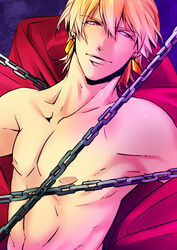  1boy bad_id bad_pixiv_id blonde_hair chains earrings fate/zero fate_(series) gilgamesh_(fate) jewelry k-996 male_focus nipples nude red_eyes short_hair solo 