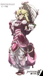  adapted_costume alternate_costume armor blonde_hair blue_eyes blush character_name choker commentary corset cosplay crown dress elbow_gloves english_commentary eyeshadow female fire_emblem fire_emblem_fates food gloves gown greaves highres layeyes lipstick long_hair makeup mario_(series) parasol pink_dress princess_peach radish ribbon see-through solo star_(symbol) translation_request turnip_(mario) umbrella vegetable wavy_hair 